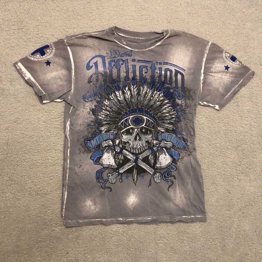 Affliction Mens Graphic T-Shirt Gray Blue Skull Faded MMA Distressed Medium